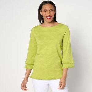 Belle by Kim Gravel Avocado Green Slub Knit Fringe Benefits 3/4 Sleeve Top XL